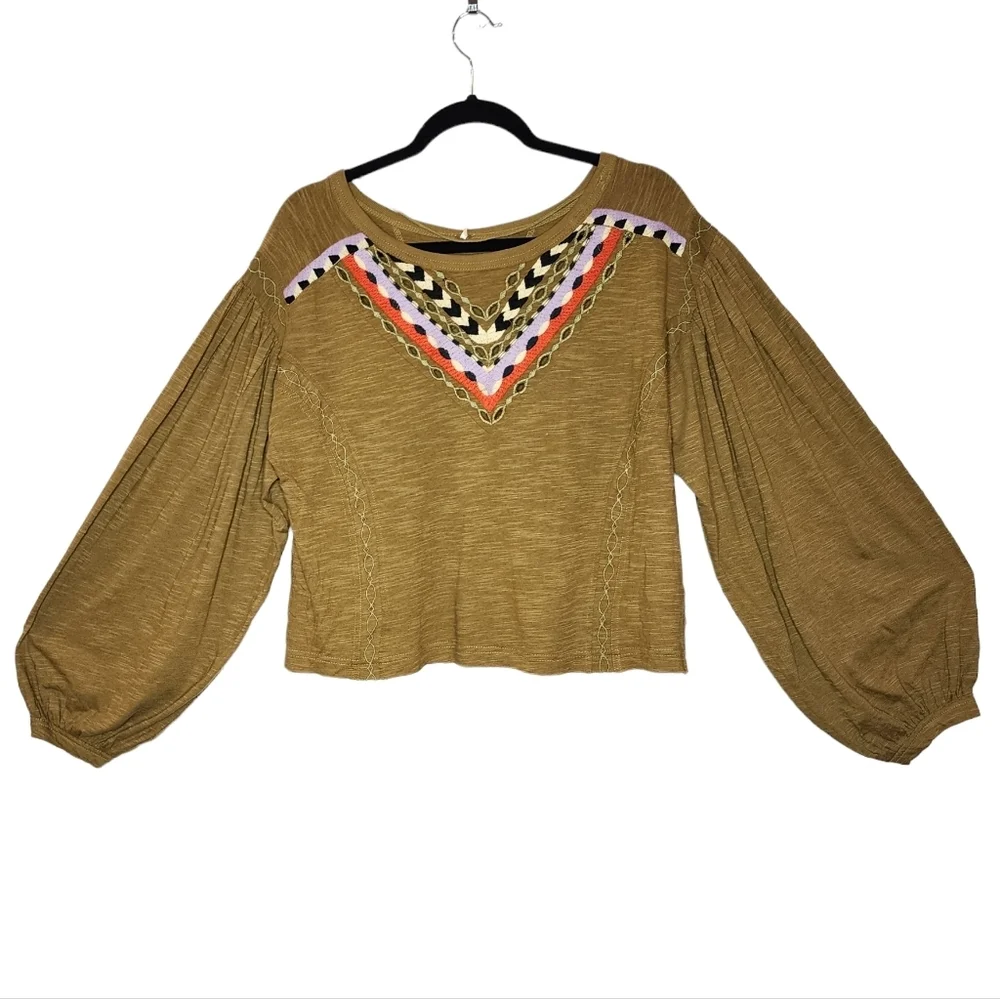 NWT Free People linen-blend Embroidered top in Moss Combo.‎
